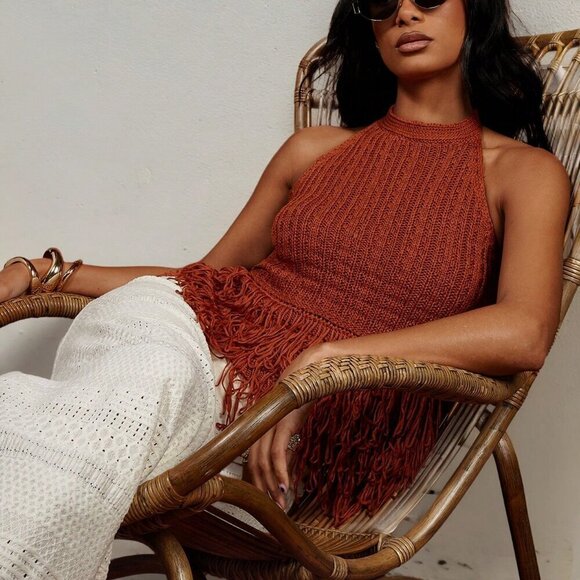 Boho Women's Backless Fringe Hem Knit halter Top - Picture 5 of 7